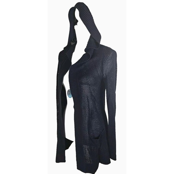Talbots ~Woman Size S~ Navy Cardigan Crochet Hoodie Cotton Open Front Pockets. - Picture 5 of 9